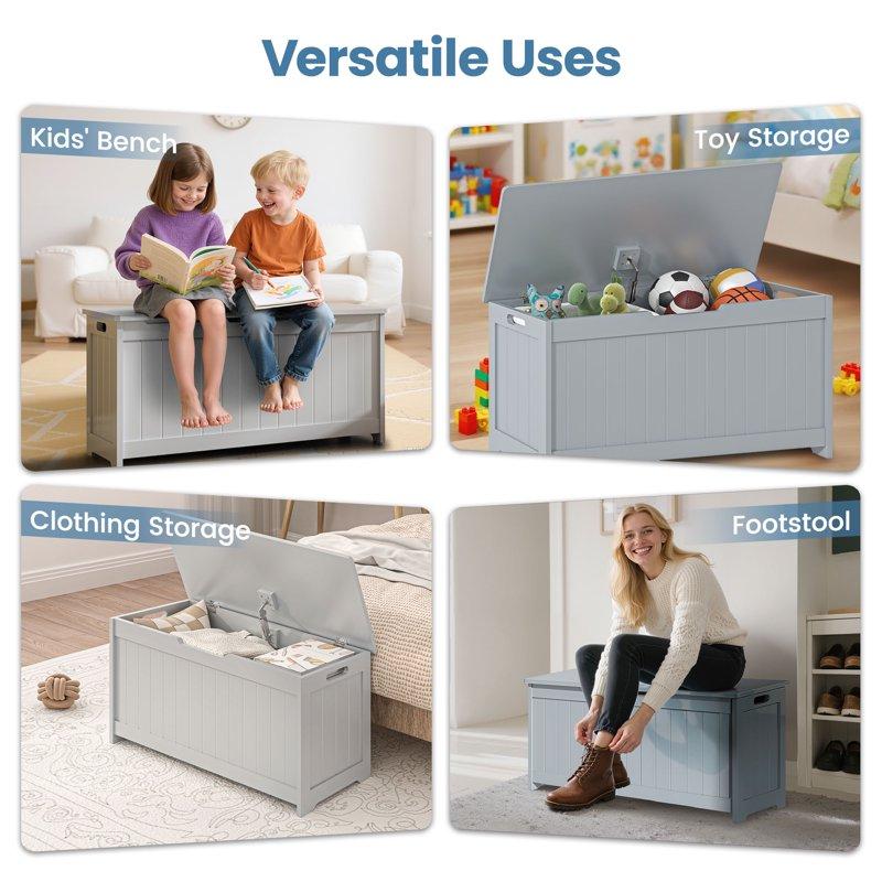 Kids Toy Box Gray Wooden Toy Chest Organizer With Safety Hinged Lid Entryway Storage Bench Supports 100 Lbs Toy Storage Chest For Bedroom Toddler Room L0293