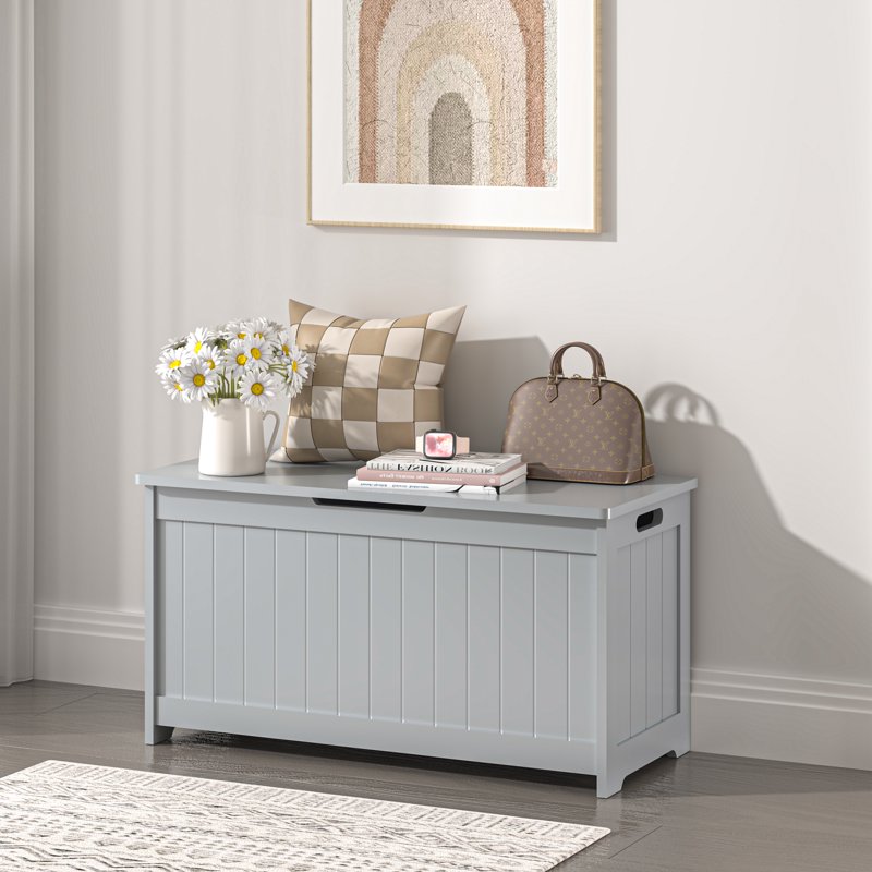 Kids Toy Box Gray Wooden Toy Chest Organizer with Safety Hinged Lid Entryway Storage Bench Supports 100 lbs Toy Storage Chest for Bedroom Toddler Room L0293