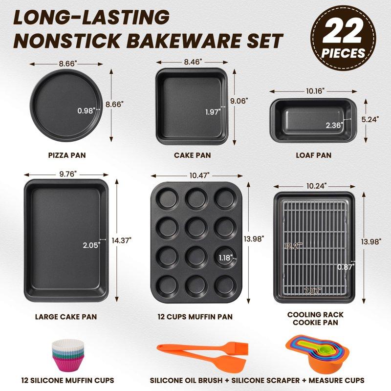 Kikcoin Bakeware Set 22 Pcs Carbon Steel Non-Stick Baking Pan Set Baking Sheet For Kitchen Muffin Pan & Cookie Sheet & Cake Pan Oven Safe Up To 446℉