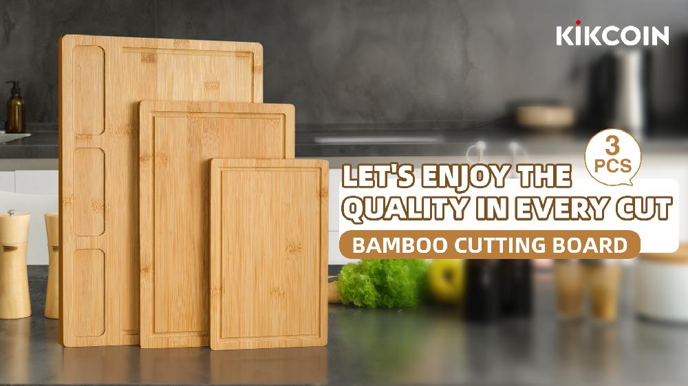 Kikcoin Cutting Board Set Of 3 Bamboo Chopping Boards For Kitchen Heavy Duty Wooden Serving Tray With Juice Groove
