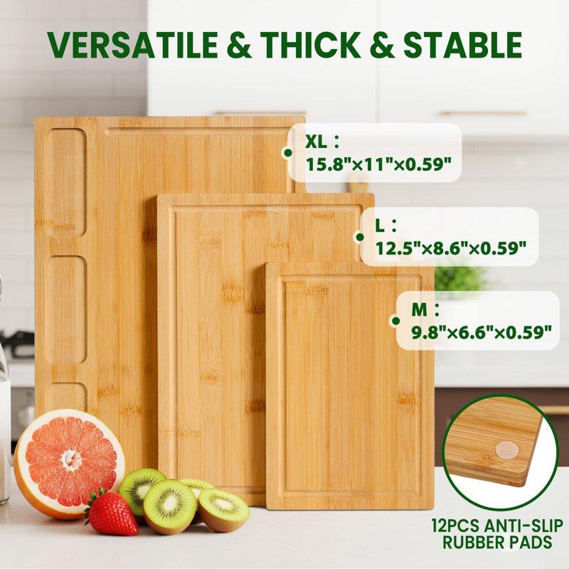 Kikcoin Cutting Board Set Of 3 Bamboo Chopping Boards For Kitchen Heavy Duty Wooden Serving Tray With Juice Groove