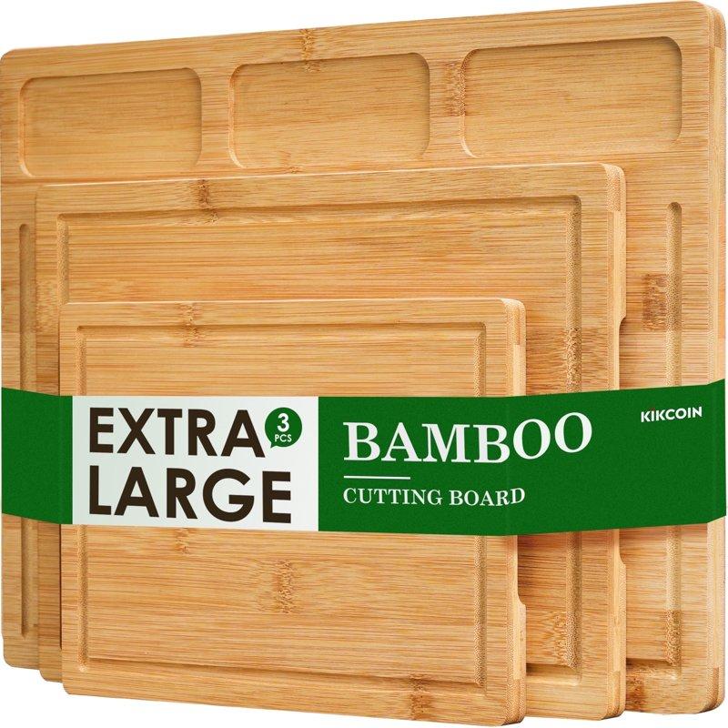 Kikcoin Cutting Board Set of 3 Bamboo Chopping Boards for Kitchen Heavy Duty Wooden Serving Tray with Juice Groove