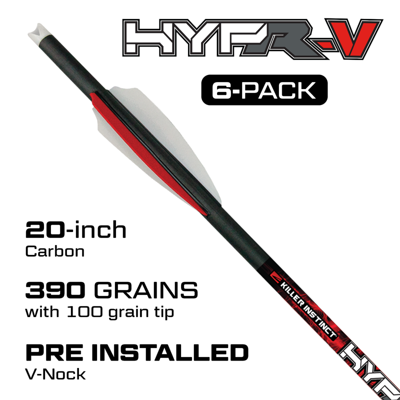Killer Instinct HYPR-V 20-Inch Crossbow Bolts With 3-Inch Vanes 390 Grains V-Track Nocks And Carbon Construction (Black 6-Pack)