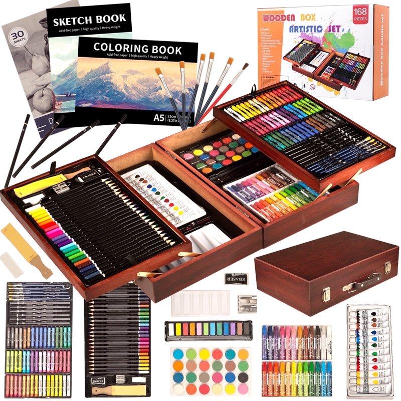 KINSPORY 168Pcs Drawing Painting Set Deluxe Wooden Art Case Gift for Artist Kids Adults(Brown)