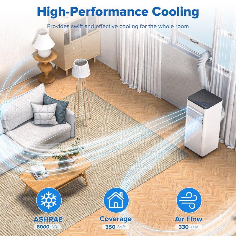 KISSAIR 8000 BTU Ashare Portable Air Conditioner 4-in-1 AC Unit With Fan Cool And Dehumidifier Sleep Mode Remote Control For Rooms Up To 350 Sq Ft