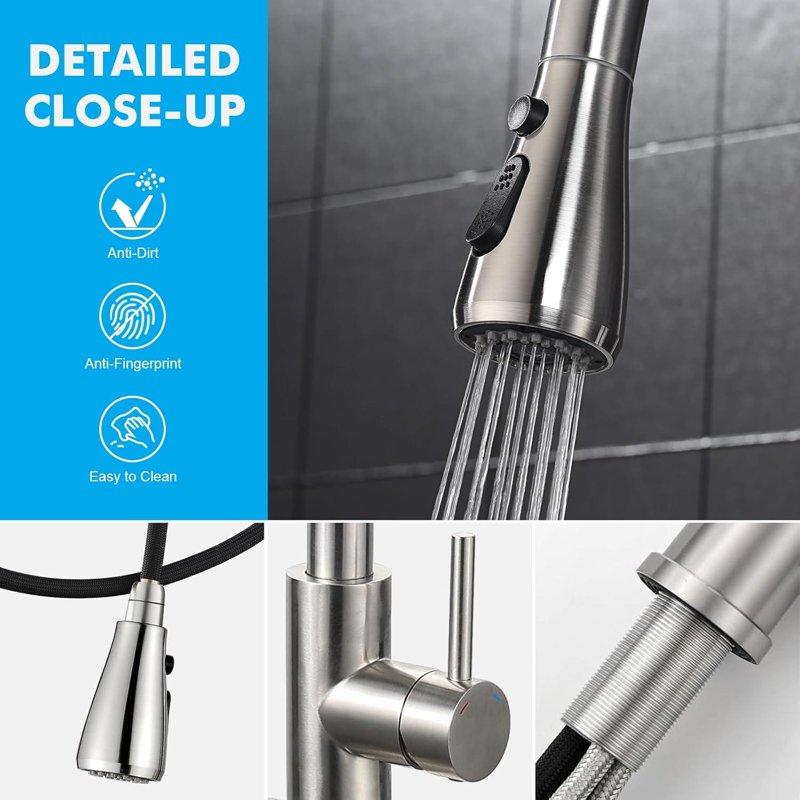 Kitchen Faucets With Pull Down Sprayer (3 Modes) Brushed Nickel Kitchen Faucet Single Hole Single Handle Kitchen Sink Faucet High Arc 304 SUS Stainless Steel Faucet For Kitchen Bar RV