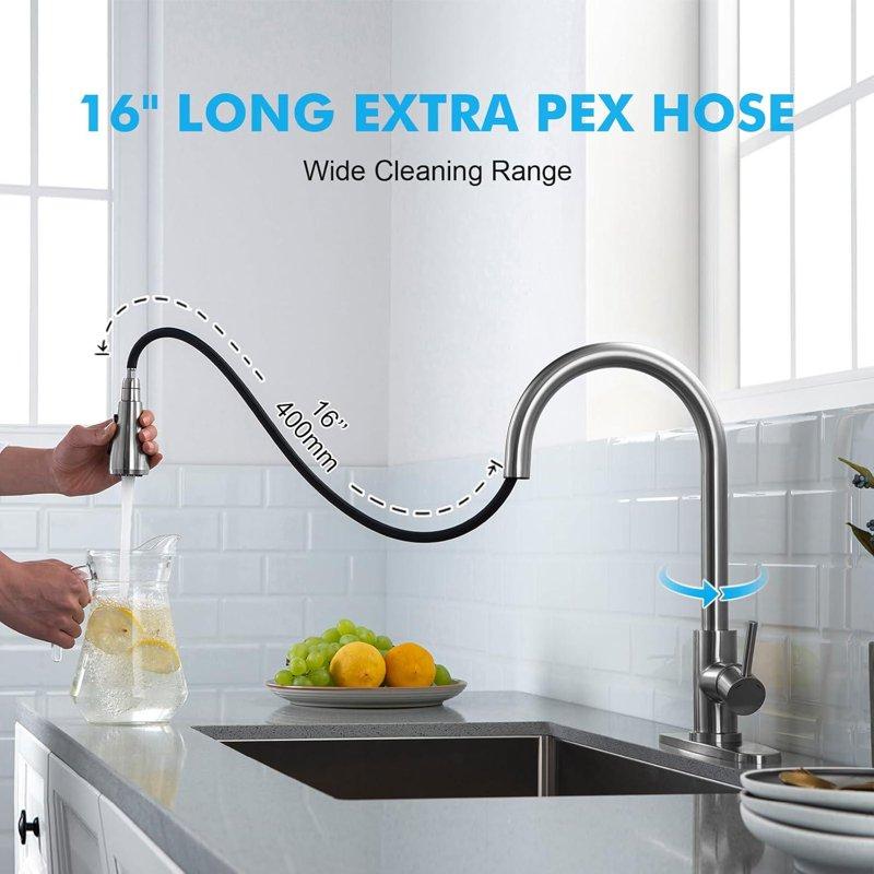 Kitchen Faucets With Pull Down Sprayer (3 Modes) Brushed Nickel Kitchen Faucet Single Hole Single Handle Kitchen Sink Faucet High Arc 304 SUS Stainless Steel Faucet For Kitchen Bar RV