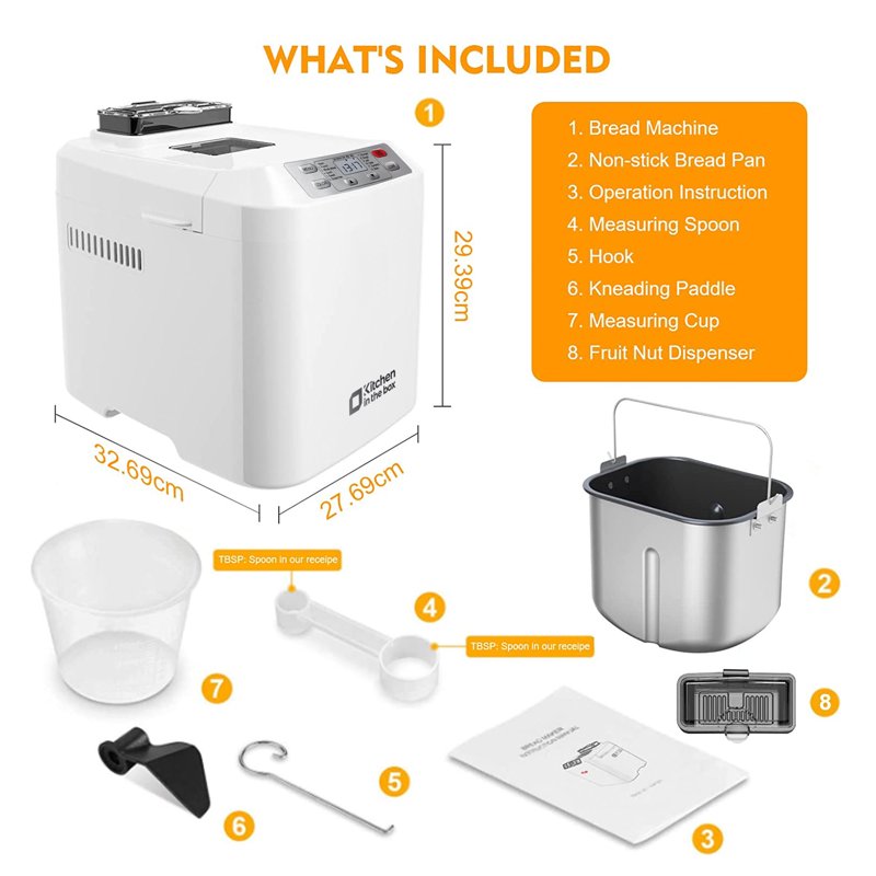 Kitchen In The Box 2lb Bread Machine With Auto Fruit Nut Dispenser 12 Presets Bread Maker Gluten-Free Setting 13 Hour Delay Timer White