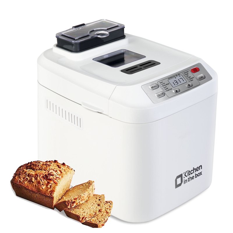Kitchen in the box 2lb Bread Machine with Auto Fruit Nut Dispenser 12 Presets Bread Maker Gluten-Free Setting 13 Hour Delay Timer White