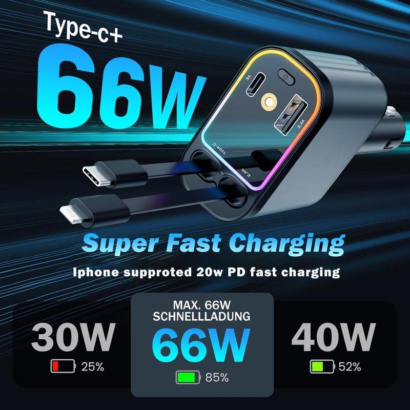 Kivdit 4 In 1 Retractable Car Charger 66W Fast Car Charger Adapter With Lights Car Phone Charger With USB C/A Ports And 2 Retractable Cables Compatible With IPhone And Android