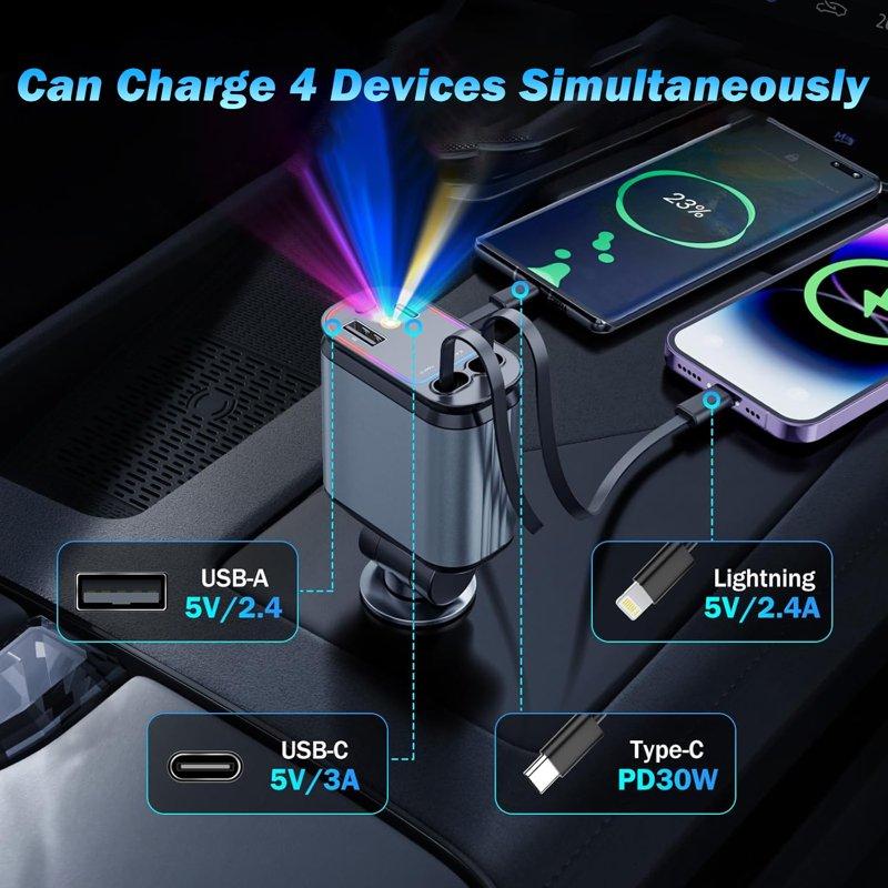 Kivdit 4 In 1 Retractable Car Charger 66W Fast Car Charger Adapter With Lights Car Phone Charger With USB C/A Ports And 2 Retractable Cables Compatible With IPhone And Android