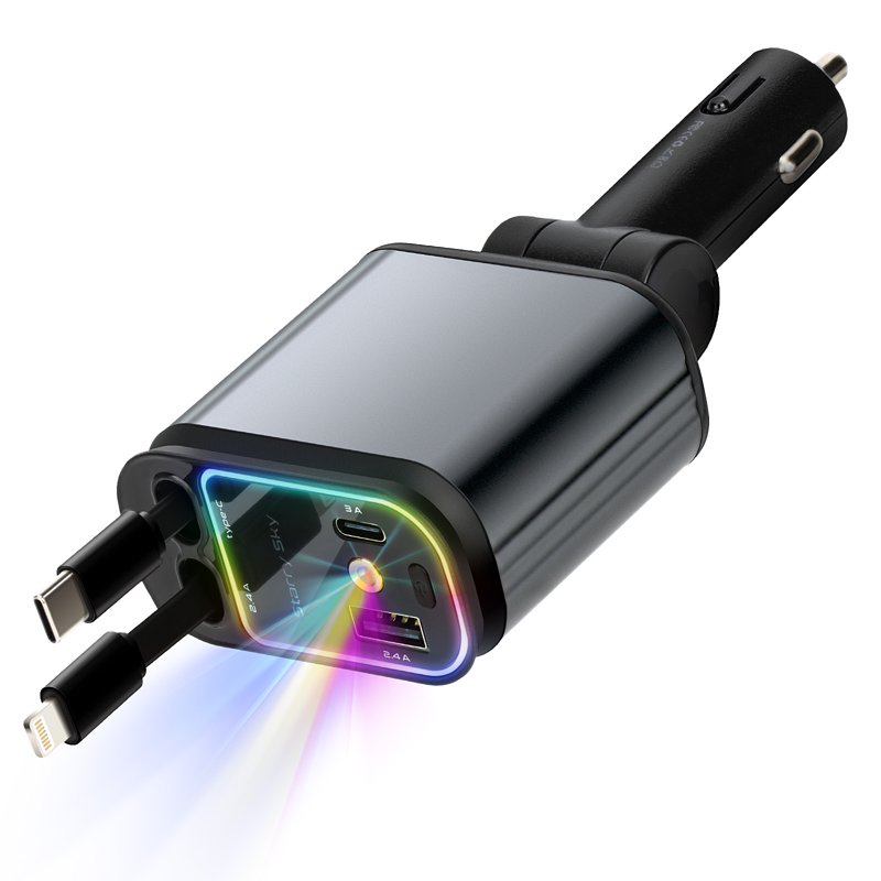 Kivdit 4 in 1 Retractable Car Charger 66W Fast Car Charger Adapter with Lights Car Phone Charger with USB C/A Ports and 2 Retractable Cables Compatible with iPhone and Android