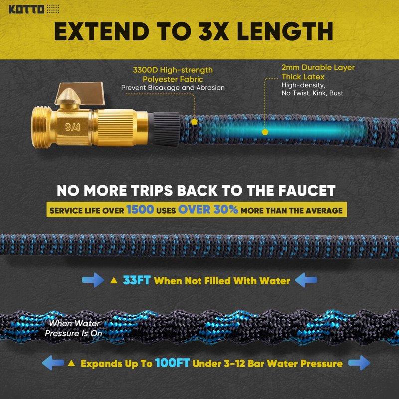 Kotto Expandable Garden Hose Water Hose For Outside With 10 Spray Nozzles Leak-Proof Blue 100 Ft