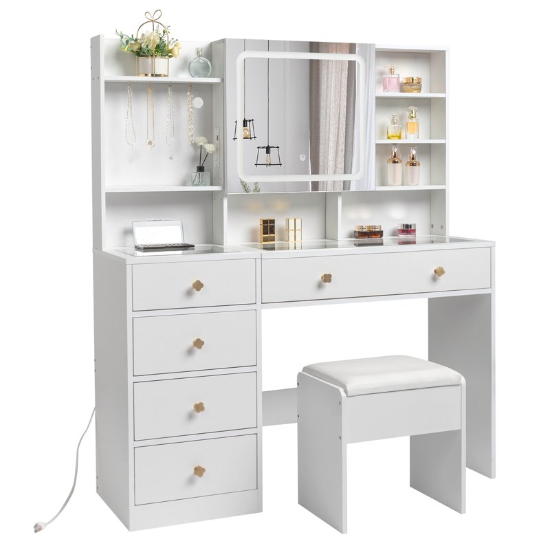 Ktaxon Large 47.2" Makeup Vanity With 3 Color Lights Vanity Desk With USB Charging Station Vanity Makeup Table With Visible Drawers Hidden And Open Storage Shelves White