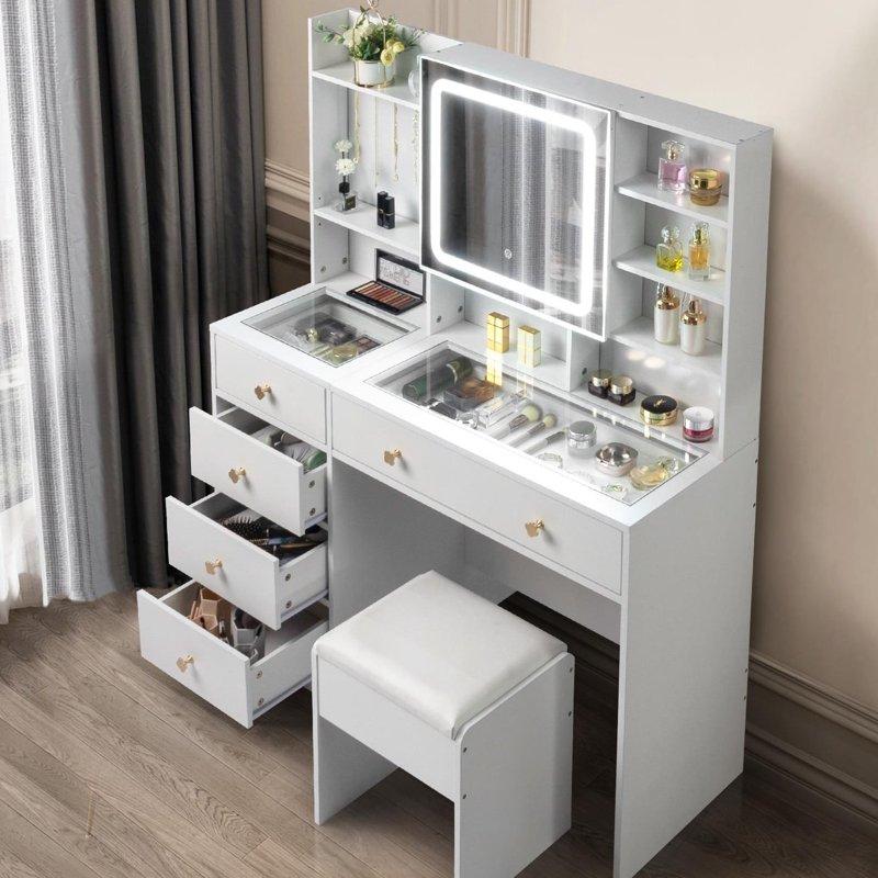 Ktaxon Large 47.2" Makeup Vanity with 3 Color Lights Vanity Desk with USB Charging Station Vanity Makeup Table with Visible Drawers Hidden and Open Storage Shelves White