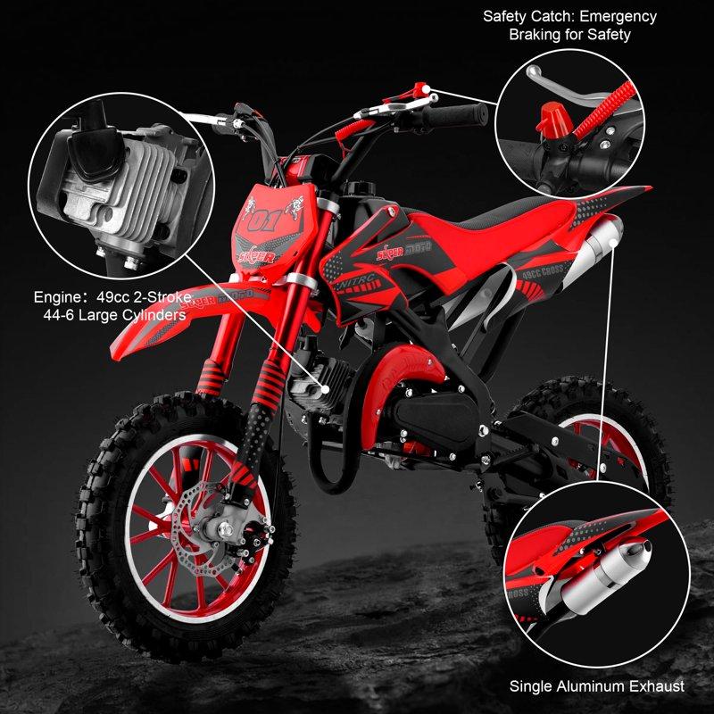 Ktoebyco 49cc Kids Dirt Bike Gasoline Powered 2-Stroke Mini Motorcycle 1-Seater 1.5L Fuel Capacity Red