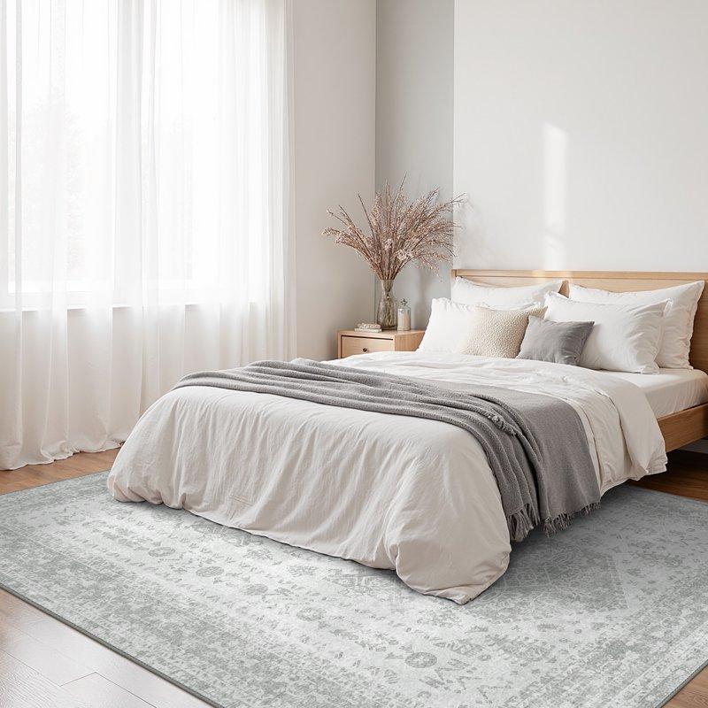 KUETH Area Rugs For Living Room 8x10 Machine Washable Bedroom Rugs Distressed Vintage Print Gray Large Throw Rug Dining Room Aesthetic Non Slip Carpet With Gripper