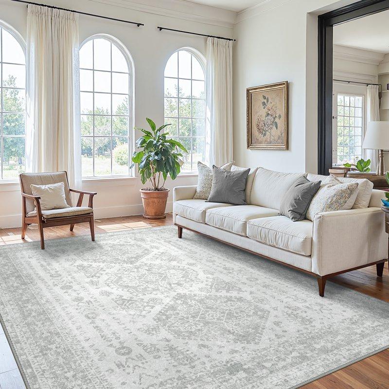 KUETH Area Rugs for Living Room 8x10 Machine Washable Bedroom Rugs Distressed Vintage Print Gray Large Throw Rug Dining Room Aesthetic Non Slip Carpet with Gripper