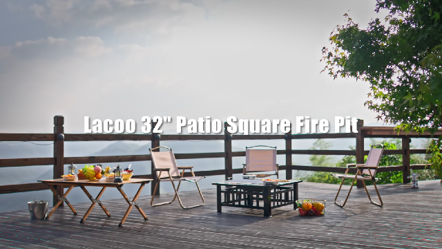 Lacoo 32" Patio Square Fire Pit Table For Patio Backyard BBQ Ice Storage With Mesh Lid Poker And Cover Black