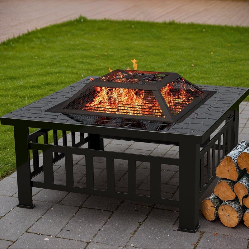 Lacoo 32" Patio Square Fire Pit Table For Patio Backyard BBQ Ice Storage With Mesh Lid Poker And Cover Black