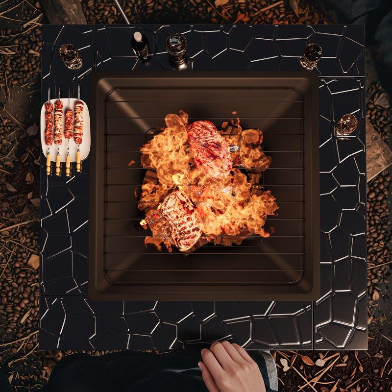 Lacoo 32" Patio Square Fire Pit Table For Patio Backyard BBQ Ice Storage With Mesh Lid Poker And Cover Black
