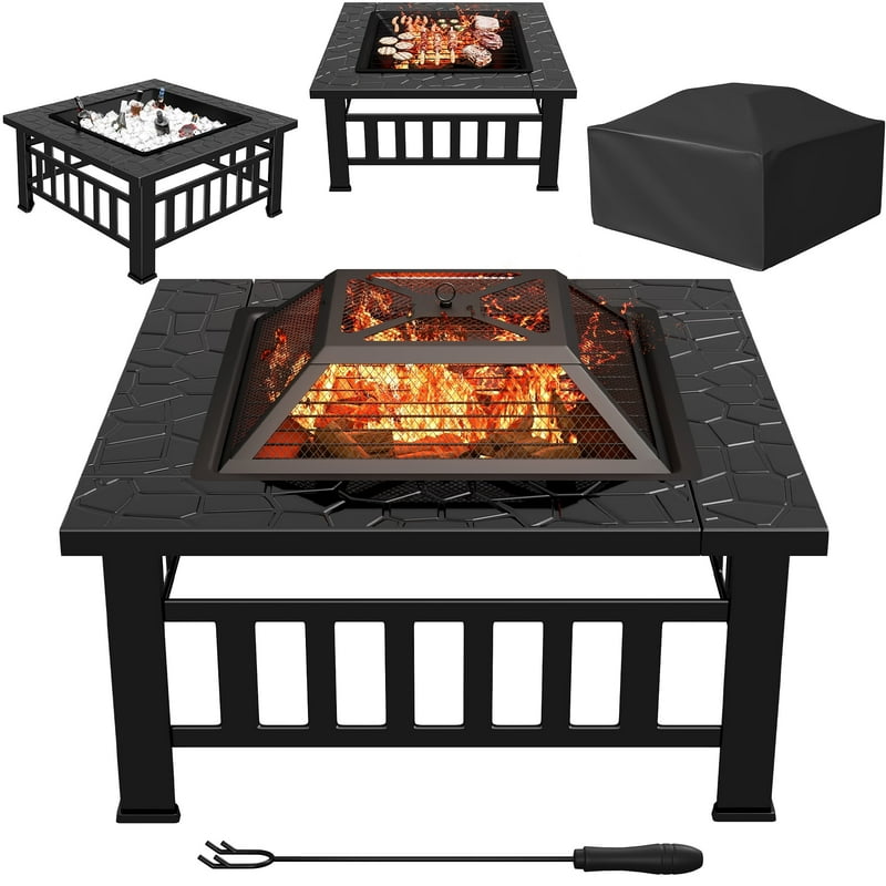 Lacoo 32" Patio Square Fire Pit Table for Patio Backyard BBQ Ice Storage with Mesh Lid Poker and Cover Black