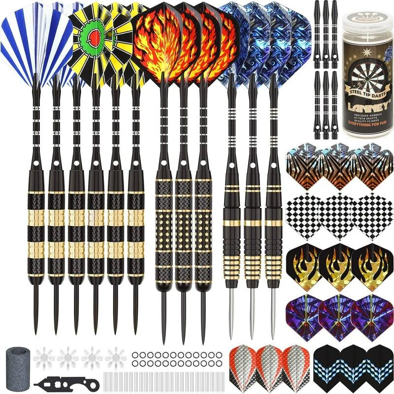 LANNEY Darts Metal Tip Set Steel Tip Darts Set 20 Grams 24 Grams and 26 Grams Professional Darts for Dartboard with Aluminum Shafts Brass Barrels Extra Flights Sharpener Tool Kit Carrying Case