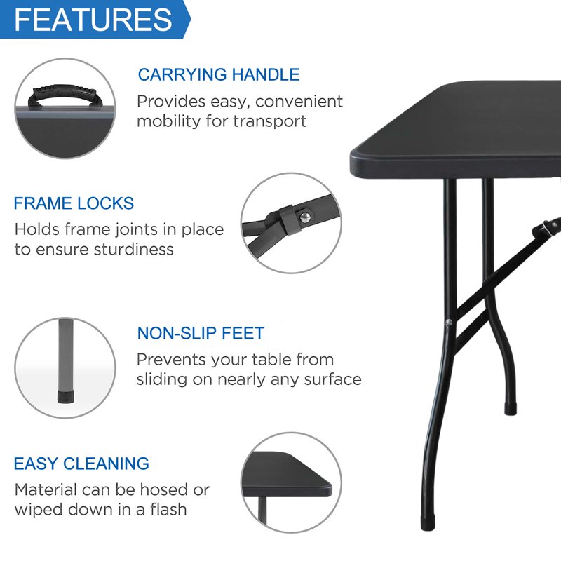 Leumius 6 Foot Folding Table Fold-in-Half Plastic Table Indoor Outdoor Picnic Party Dining Camp Tables Black