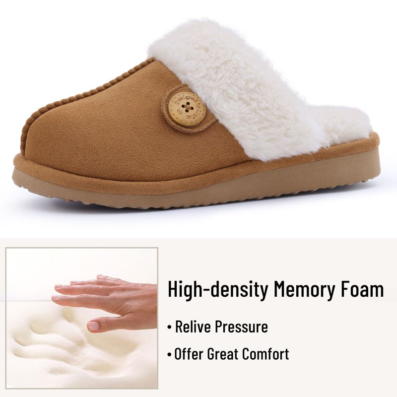 Litfun Fuzzy Slippers For Women Memory Foam Winter Warm House Shoes Indoor Outdoor Khaki Size 8-8.5