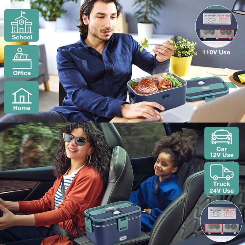 Livhil Electric Lunch Box Food Heater Portable Food Warmer Hot Lunch Warmer Heated Lunch Box For Adults 60W 1.8L 12V-24V 110V Stainless Steel Container Portable Food Heater (Green+Royal Blue)