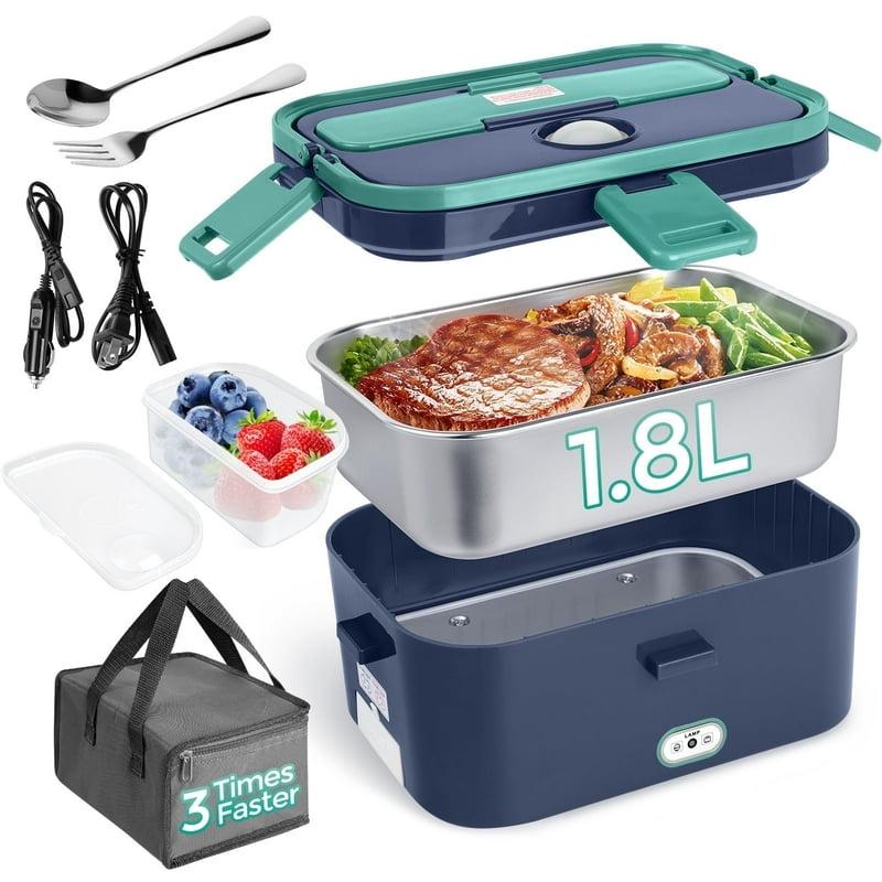 Livhil Electric Lunch Box Food Heater Portable Food Warmer Hot Lunch Warmer Heated Lunch Box for Adults 60W 1.8L 12V-24V 110V Stainless Steel Container Portable Food Heater (Green+Royal Blue)