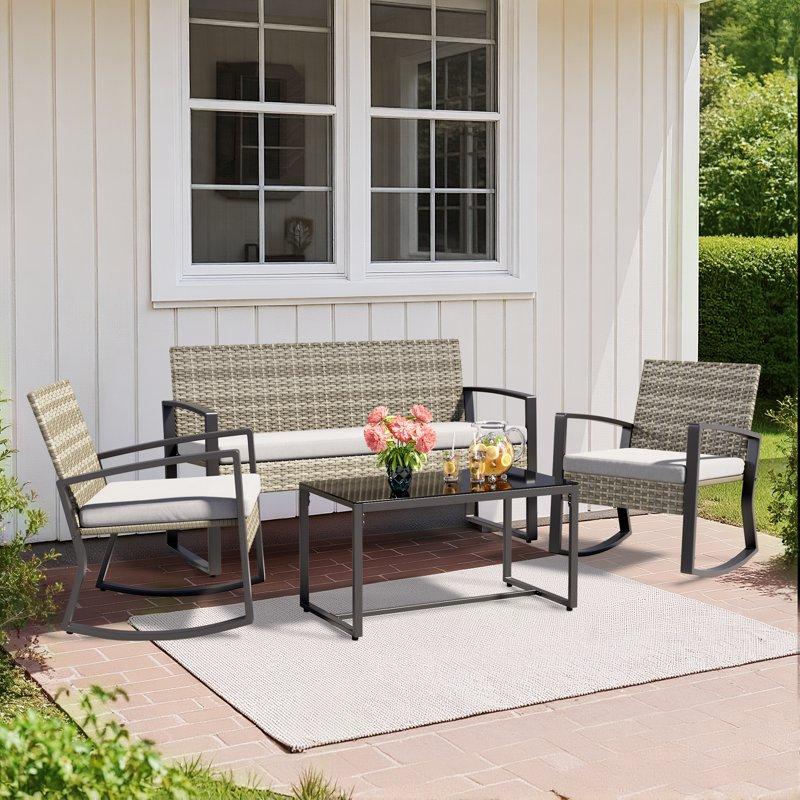 Lofka Patio Furniture Set 4-Piece Outdoor Sectional Furniture Set With Coffee Table For Conversation & Dining Gray Rattan