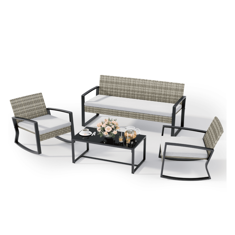Lofka Patio Furniture Set 4-Piece Outdoor Sectional Furniture Set with Coffee Table for Conversation & Dining Gray Rattan