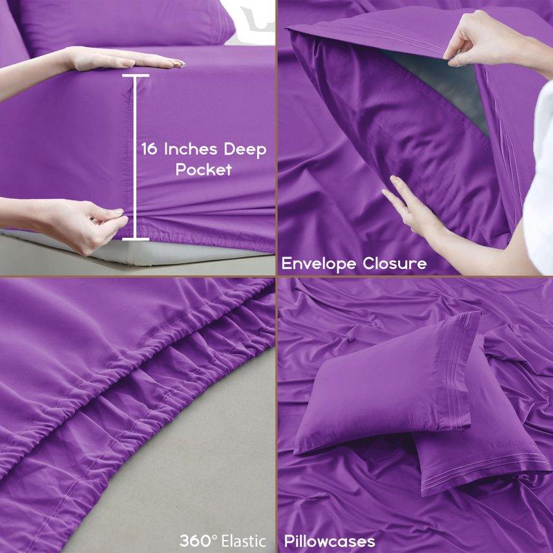 Lux Decor Collection King Bed Sheets - 16 Inch Deep Pocket 6 Piece Microfiber Bedding Sheets & Pillowcase Sets - Purple