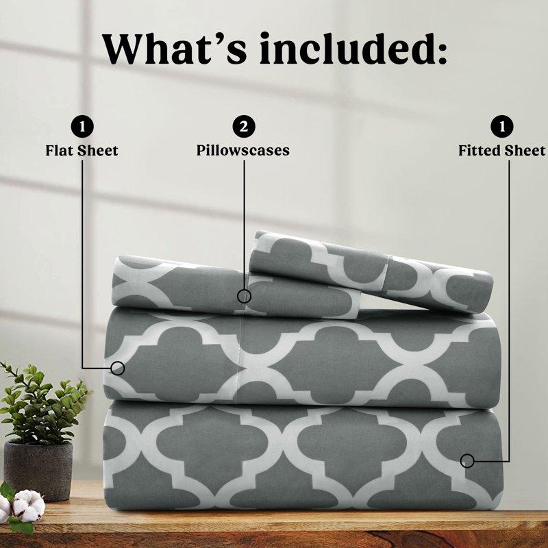 Lux Decor Collection Queen Size Bed Sheets Set 4 Piece Microfiber Deep Pocket Fitted Sheet Flat Sheet & Pillowcases Bedding Sheets Set - Gray White