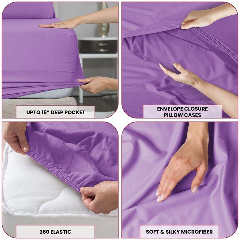 Lux Decor Collection Queen Size Sheets Set Brushed Microfiber High GSM 4 Piece Sheet Set Upto 16 Inches Deep Pocket Bedding Sheets & Pillowcases - Purple