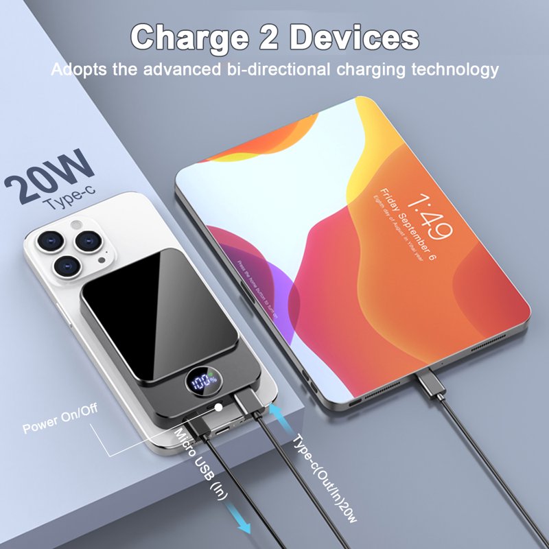 Magnetic Wireless Portable Charger 10000mAh Power Bank With PD20w Fast Charging USB C In&Out Battery Pack Compatible With Mag-Safe For IPhone 16/15/14/13/12 Series Samsung Android And More