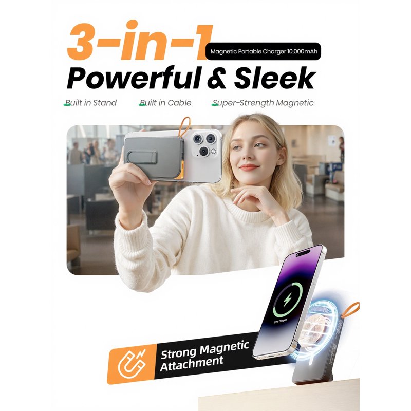 Magnetic Wireless Power Bank 22.5W PD Fast Charging 10000mAh Battery Bank Built-in USB-C Cable With Foldable Stand And LED Display Magnetic Portable Charger For IPhone Series IPad Andriod Etc