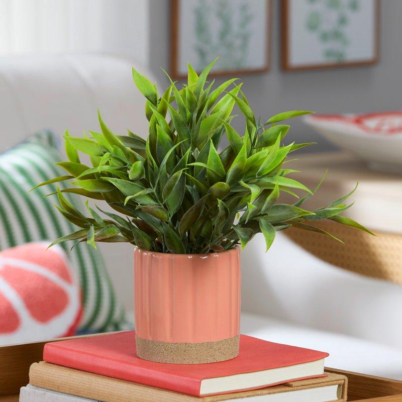 Mainstays By Becky G. & Alejandra 8" Artificial Tealeaf In Pink Two-Tone Ribbed Ceramic Pot