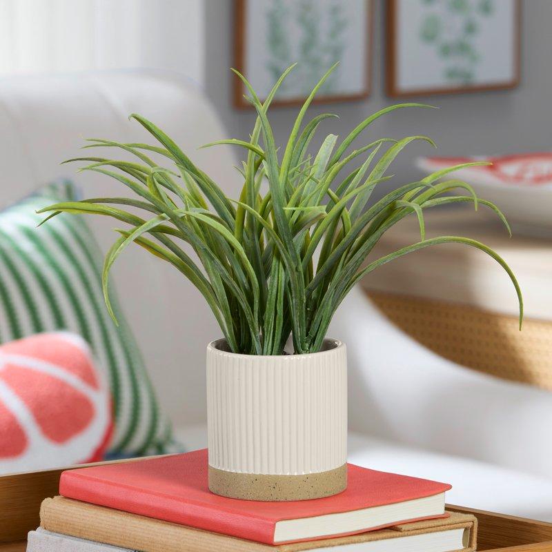 Mainstays By Becky G. & Alejandra 9.5" Artificial Grass In White Two-Tone Ribbed Ceramic Pot