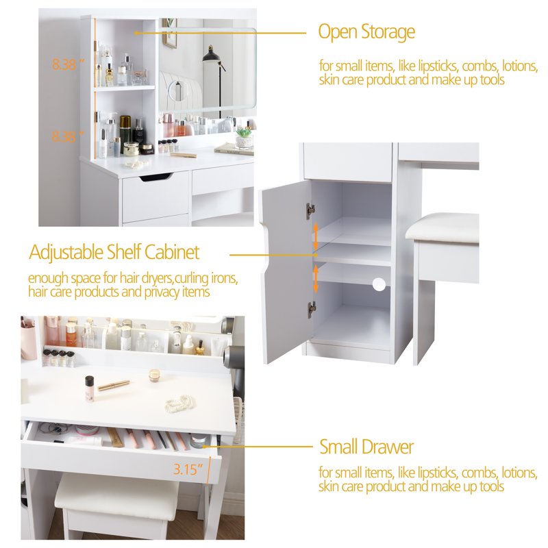 Mainstays Get Ready With Me GRWM Deluxe 2-Piece Vanity And Stool With Lighted Mirror And USB Power White Finish