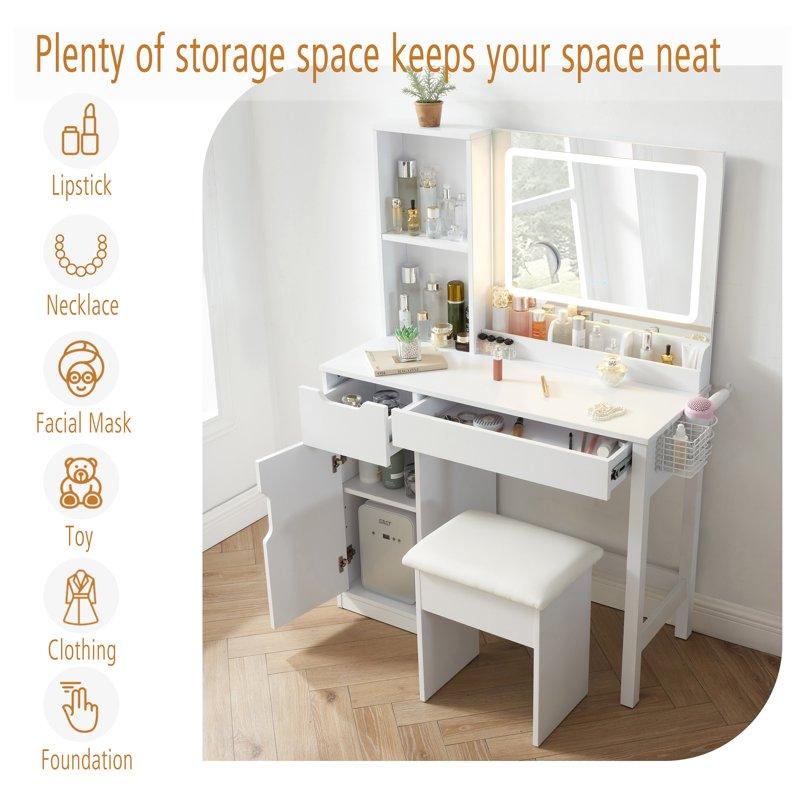 Mainstays Get Ready With Me GRWM Deluxe 2-Piece Vanity And Stool With Lighted Mirror And USB Power White Finish