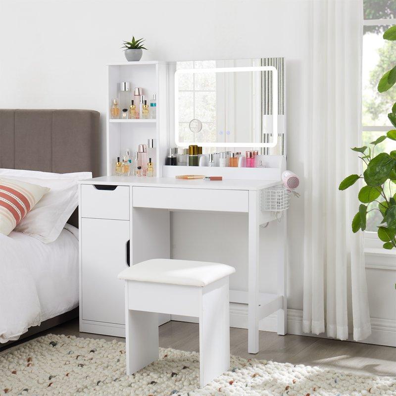 Mainstays Get Ready With Me GRWM Deluxe 2-Piece Vanity And Stool With Lighted Mirror And USB Power White Finish