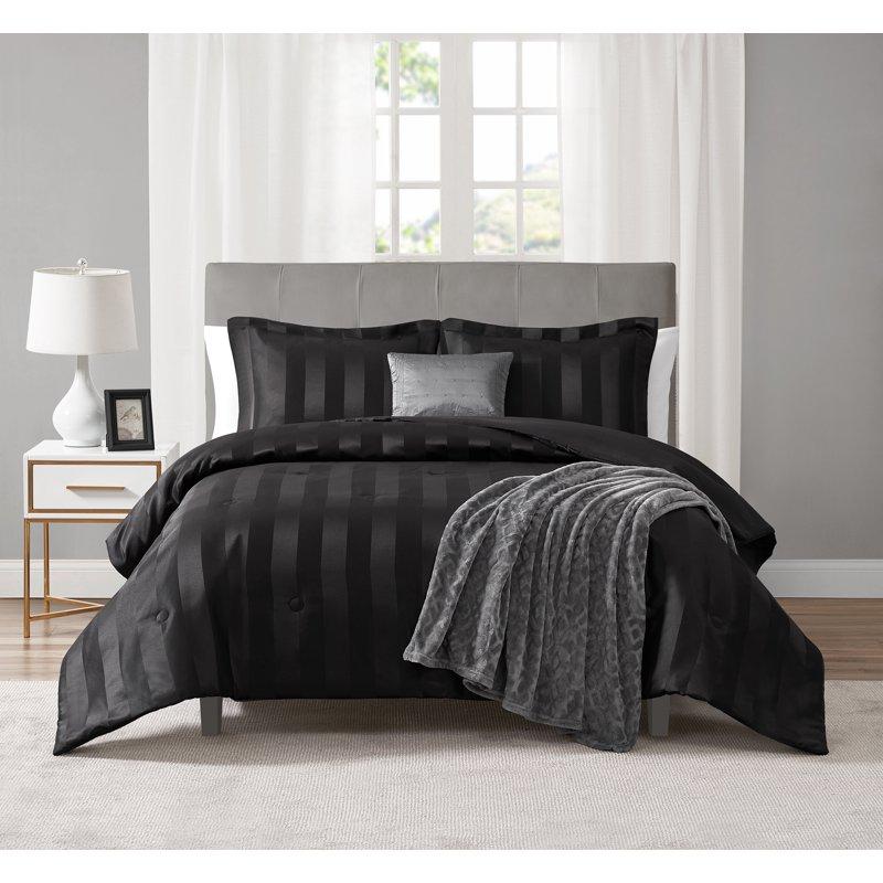 Mainstays Rich Black 5 Piece Damask Stripe Comforter Set King Adult Unisex