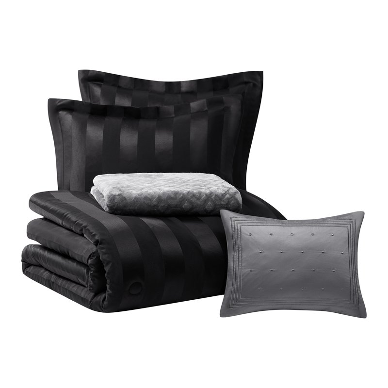 Mainstays Rich Black 5 Piece Damask Stripe Comforter Set King Adult Unisex