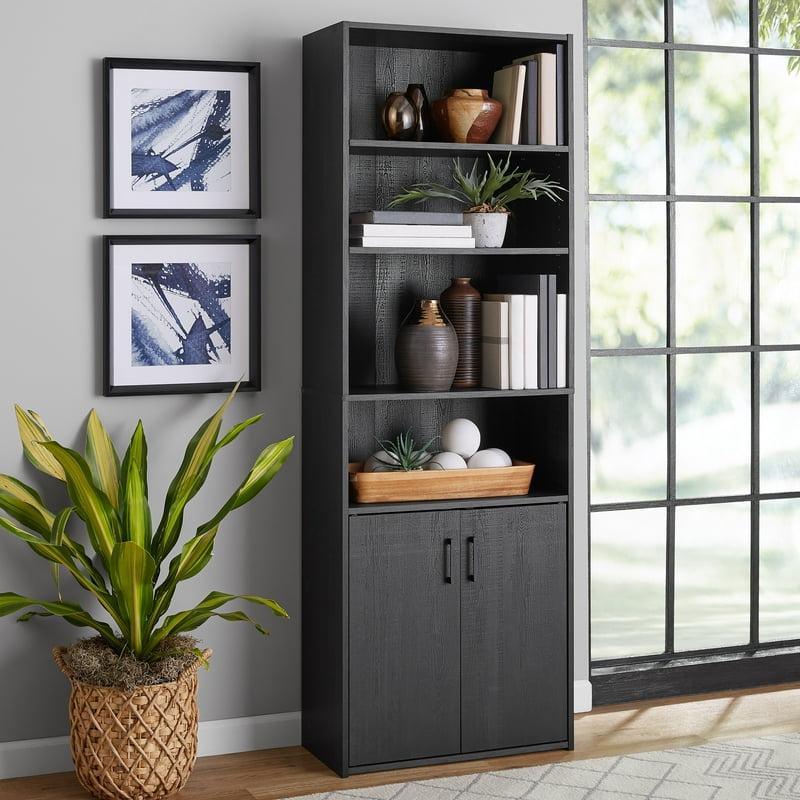 Mainstays Traditional 5 Shelf Bookcase with Doors Black Finish