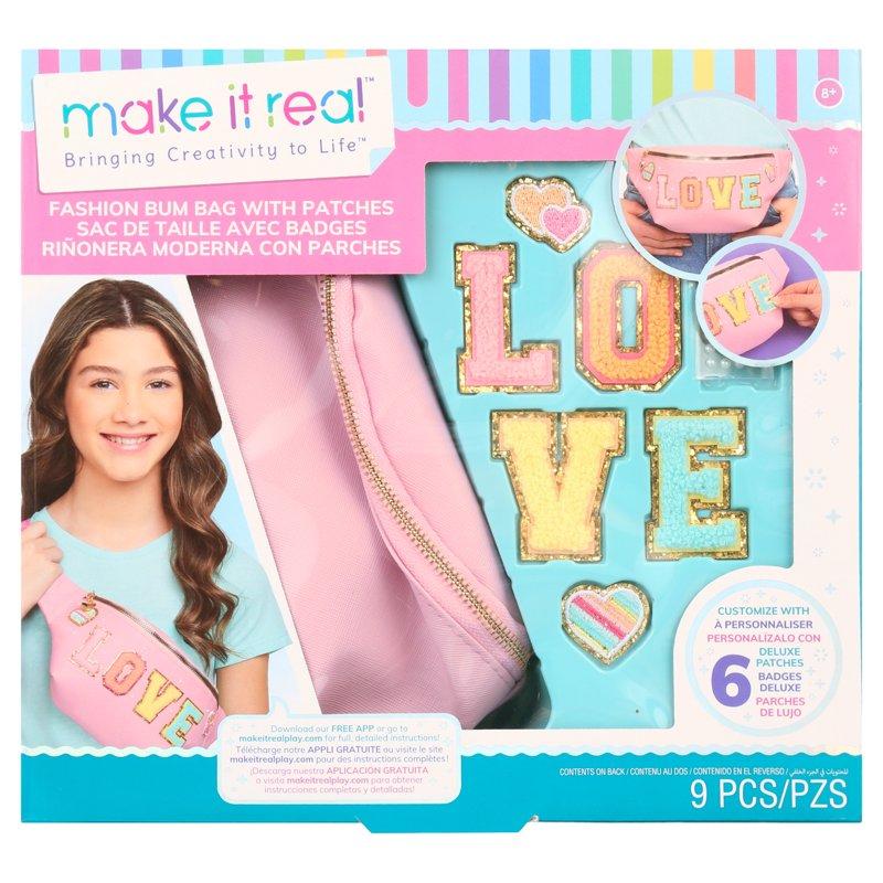 Make It Real: Fashion Bum Bag With Patches - 9 Pcs Pink Zipper Bag With Rainbow Band DIY Customize Love Patches Tweens Girls & Kids Ages 8+