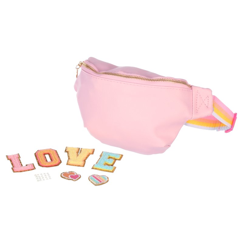 Make It Real: Fashion Bum Bag with Patches - 9 pcs Pink Zipper Bag With Rainbow Band DIY Customize Love Patches Tweens Girls & Kids Ages 8+