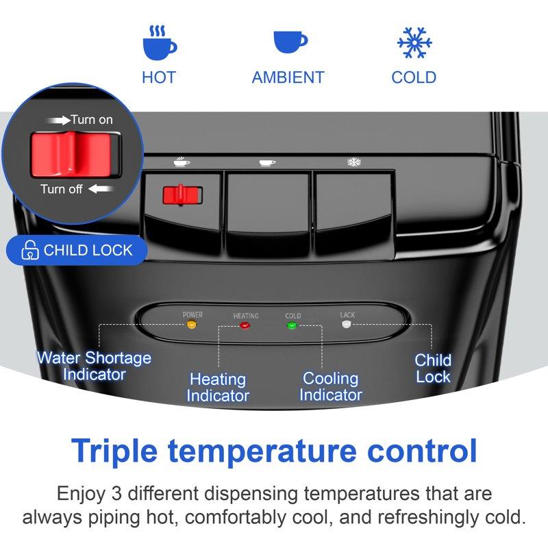 Manastin Bottom-Loading Water Dispenser 3 Temperatures (Hot Room And Cold) Child Safety Lock LED Display With Empty Bottle Alert Black