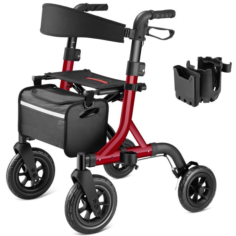 MAXWALK All-Terrain Rollator Walker For Seniors 10" Rubber Wheels Foldable Walker With Padded Seat Adjustable Mobility Walking Aid Red
